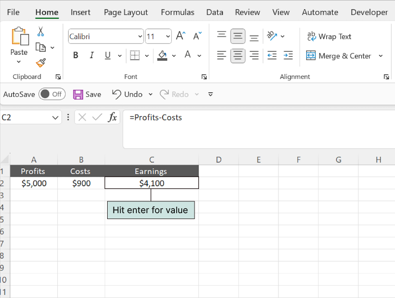 How to write formulas in Excel using predefined names, step three