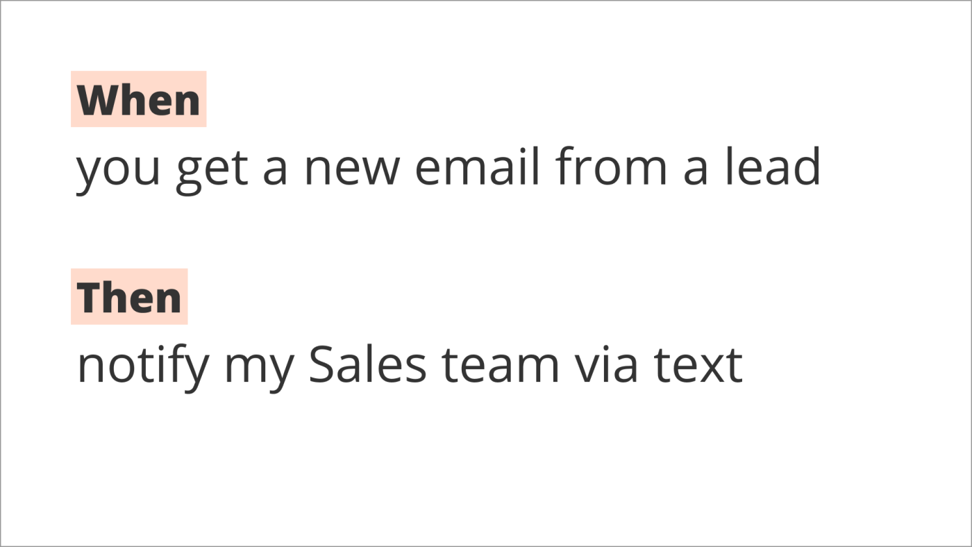 An image with the text: "When you get a new email from a lead, then notify my Sales team with text."