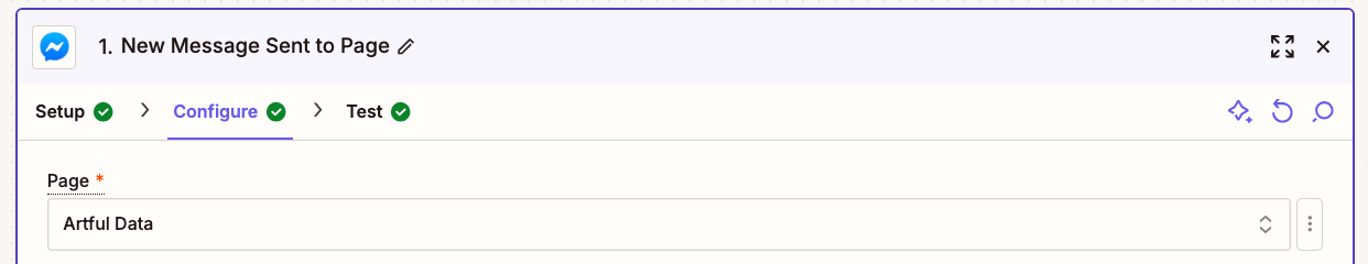 In the Page field, the Facebook page Artful Data has been selected in the dropdown.