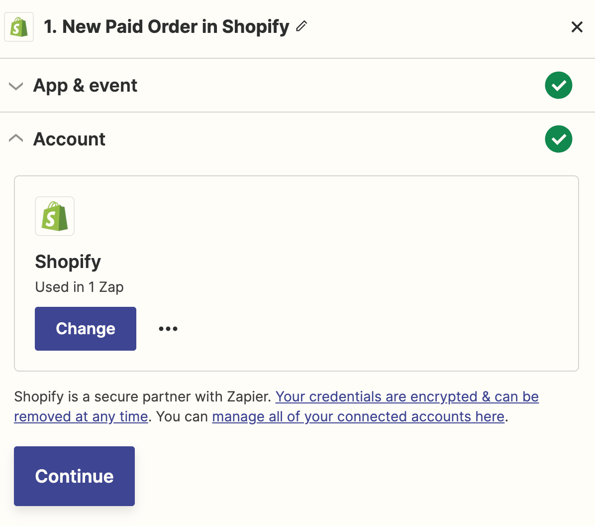 Screenshot of Shopify account in Zap editor
