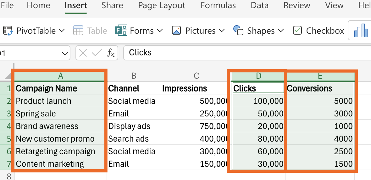 How to highlight columns in Excel spreadsheet.