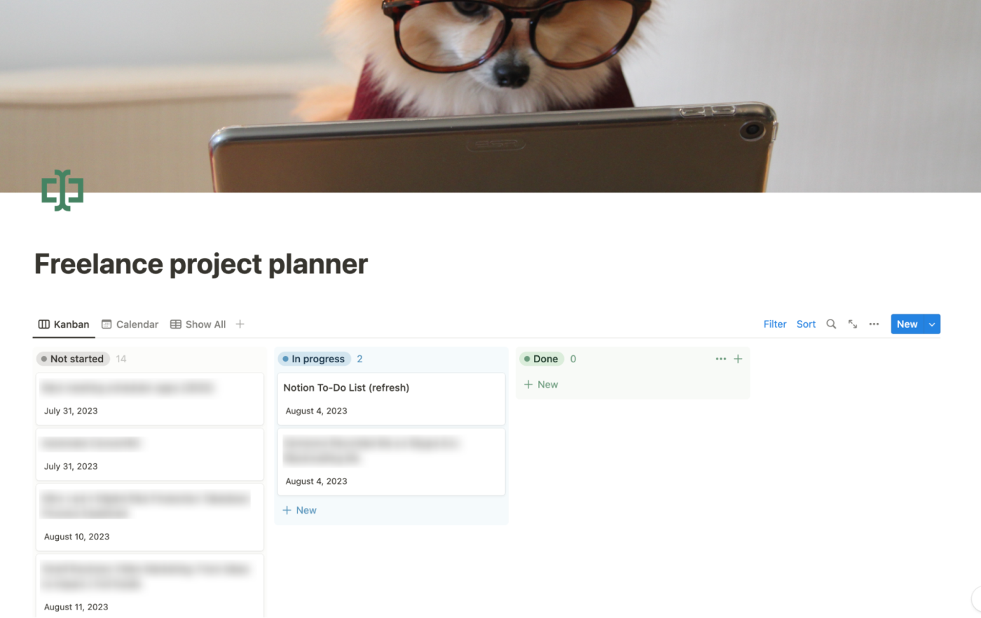 Project planner in Notion, with different views linked along the top