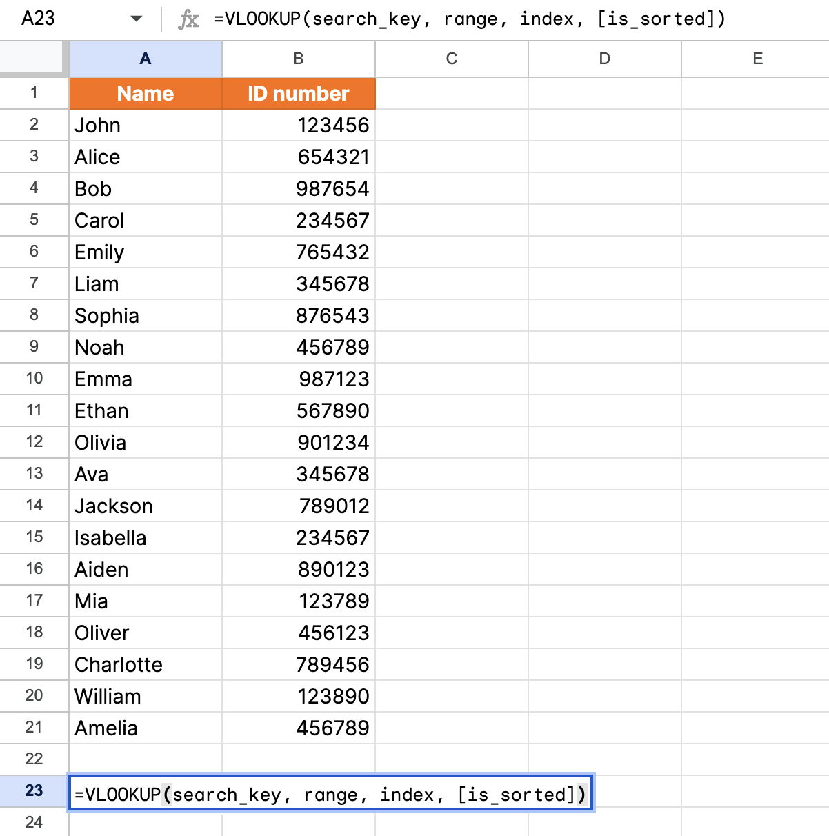 Screenshot of entering the VLOOKUP function in a Google Sheet.