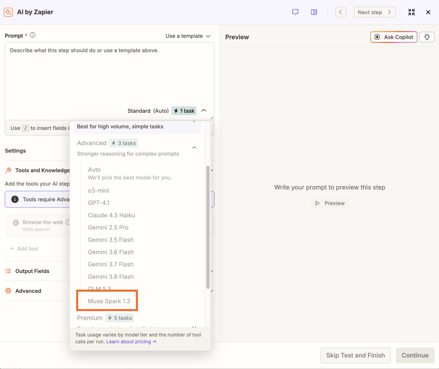 Choosing Muse Spark as the AI model in an AI by Zapier step