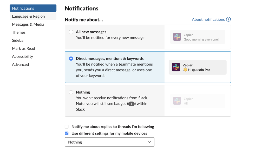 Notification settings in Slack