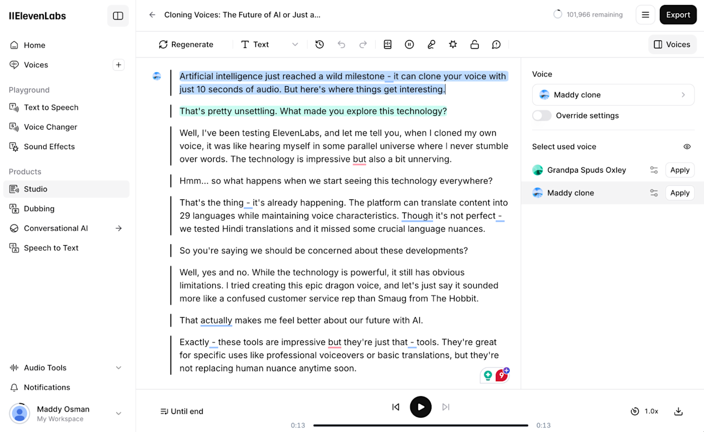 The document to audio feature in ElevenLabs
