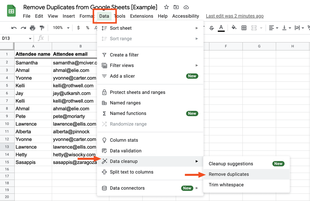 A Google Sheets worksheet with data in columns A and B (attendee names and attendee emails, respectively). The data tab in the ribbon is highlighted. From the dropdown menu of the data tab, an arrow points to the data cleanup option, and then another arrow points to the remove duplicates option.