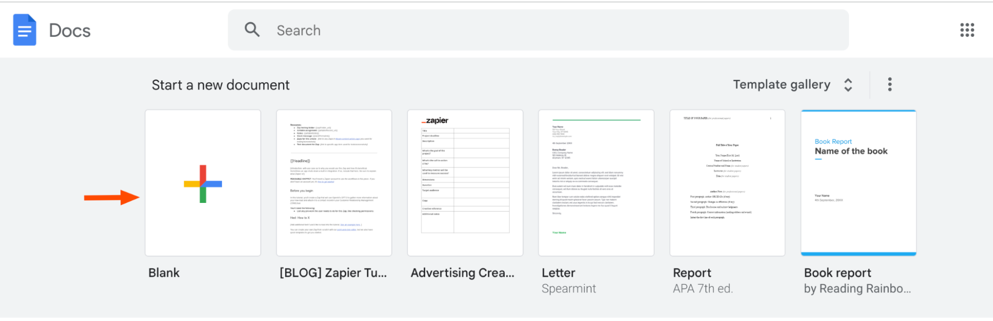 Blank and recent documents to quick-start a new document in Google Docs. 