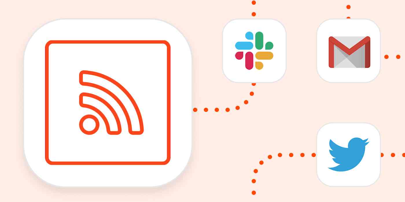 RSS logo connected to the logos for Slack, Gmail, and Twitter