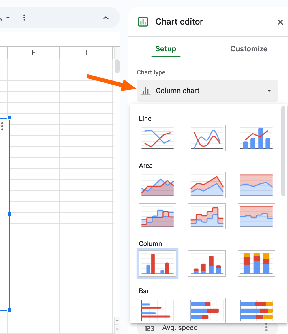 Screenshot showing the Chart type selection in Google Sheets