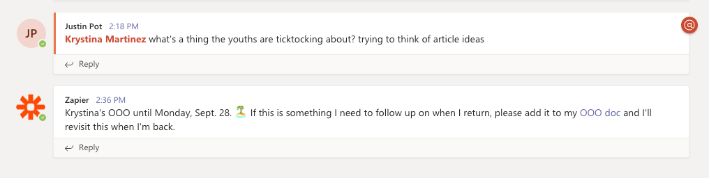 A screenshot of our message in Microsoft Teams.