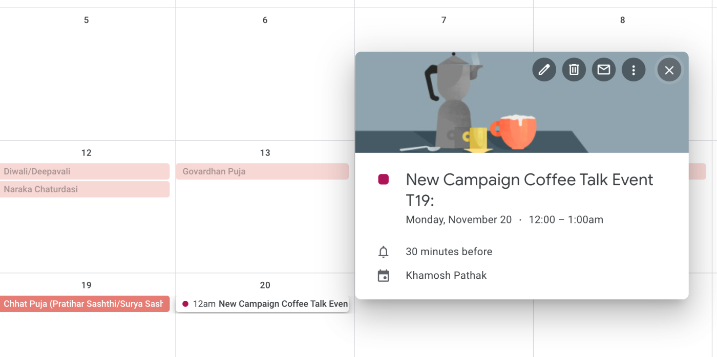 A Google Calendar event for a coffee talk event on Monday, November 20.