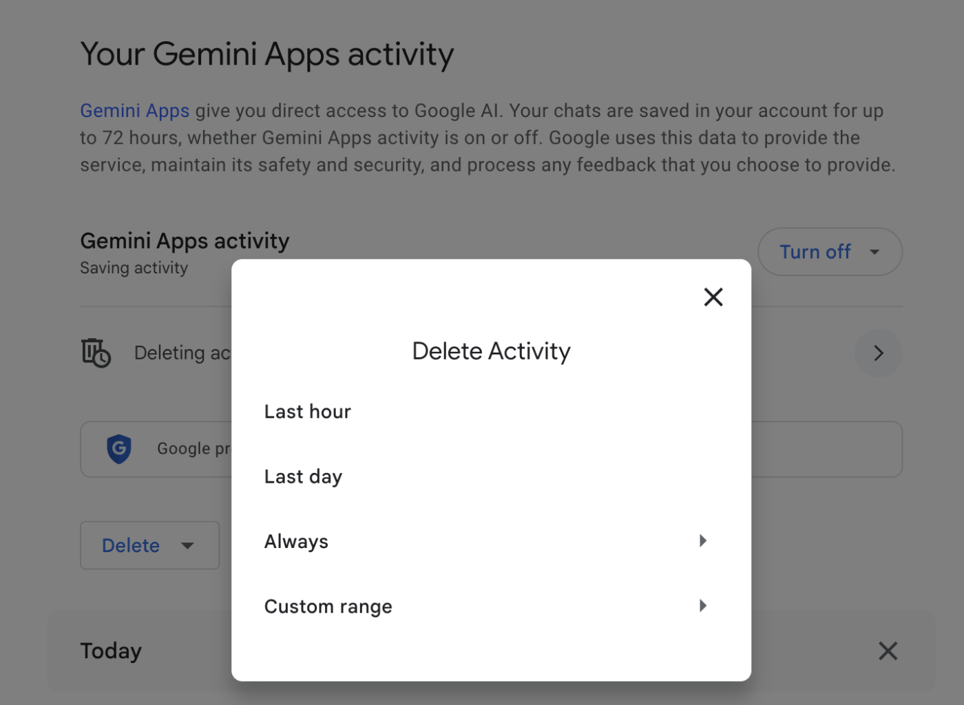 Gemini Apps activity popup with a list of options for how much of your activity to delete. 