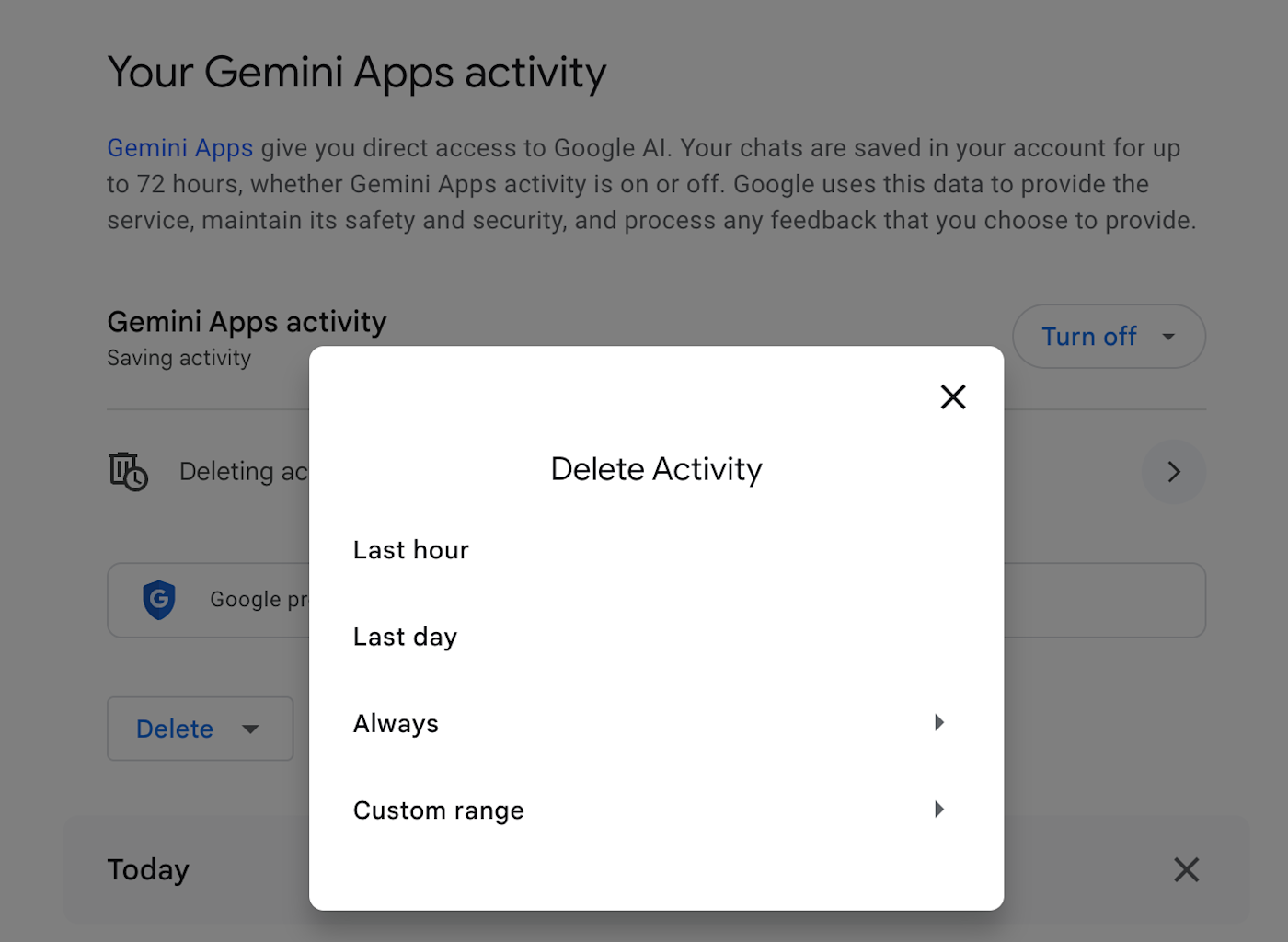 Gemini Apps activity popup with a list of options for how much of your activity to delete. 