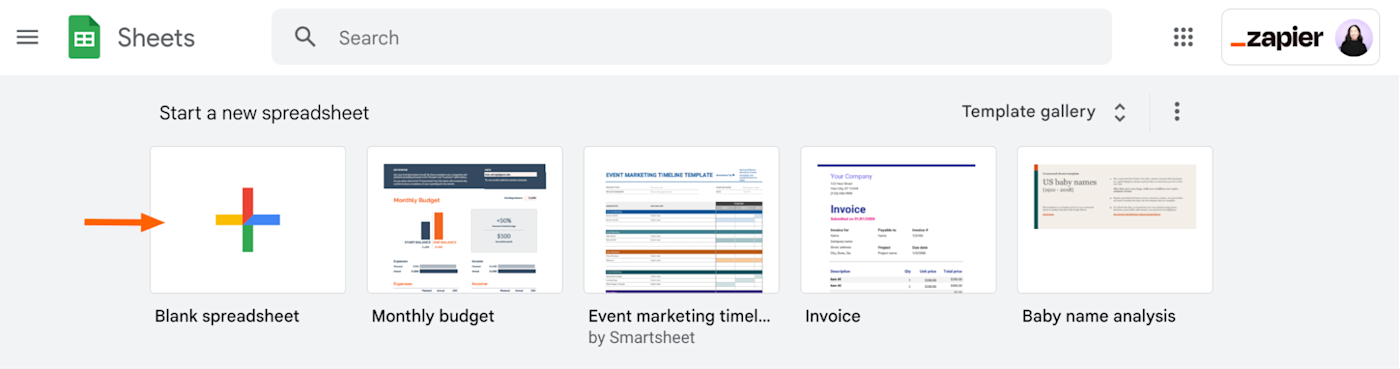 Google Sheets dashboard with an arrow pointing to the blank spreadsheet option.