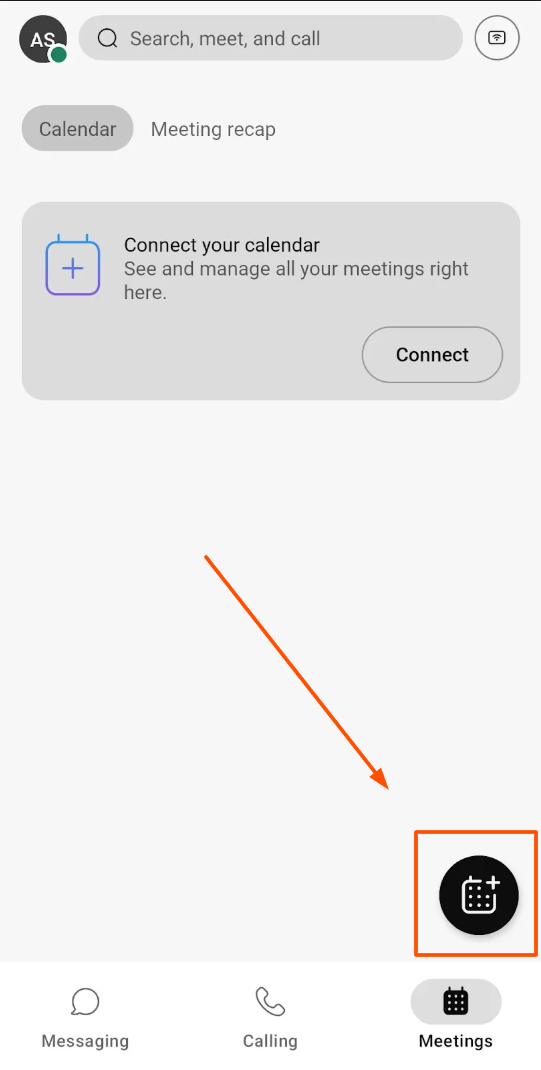 Screenshot of create meeting button on Webex mobile app