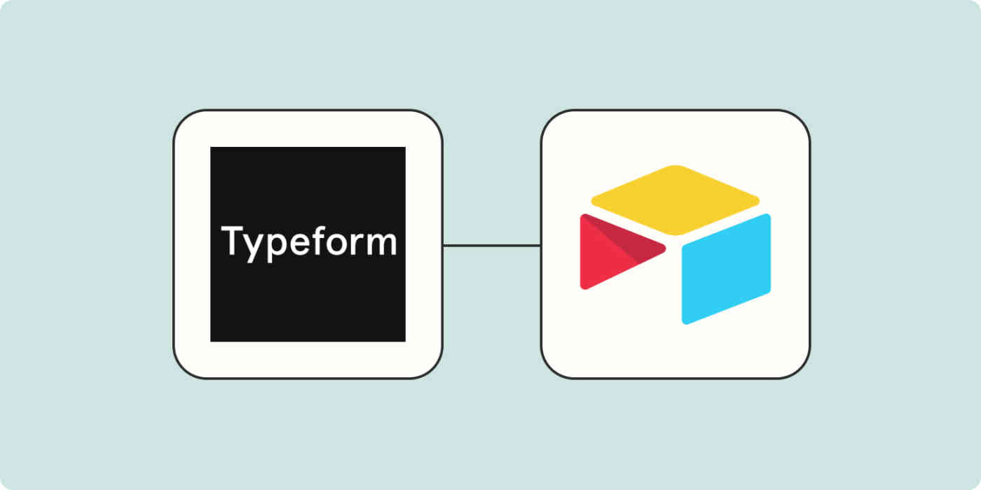 Hero image of the Typeform app logo connected to the Airtable app logo on a light blue background.