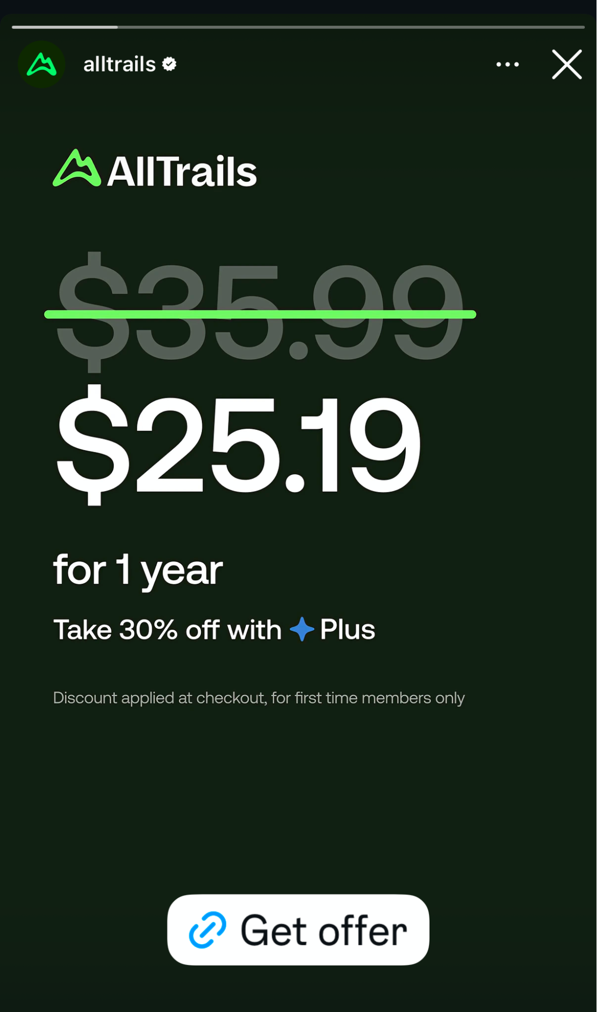 Example of price anchoring in an All Trails Instagram stories ad with a CTA to get offer. 