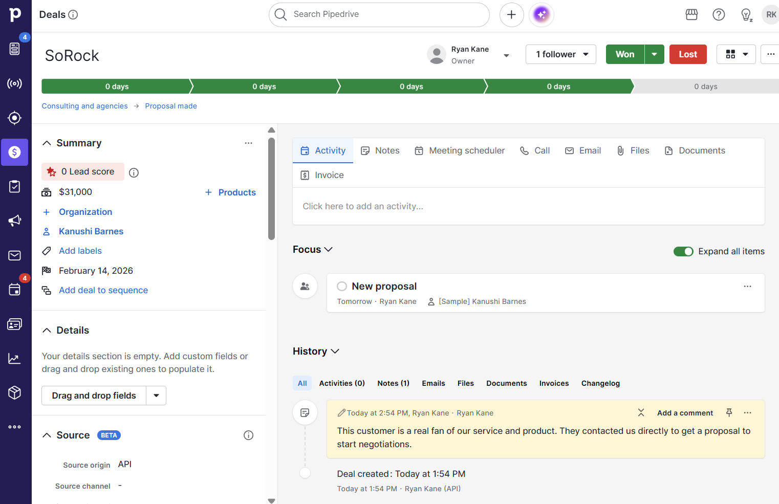 Deal details in Pipedrive