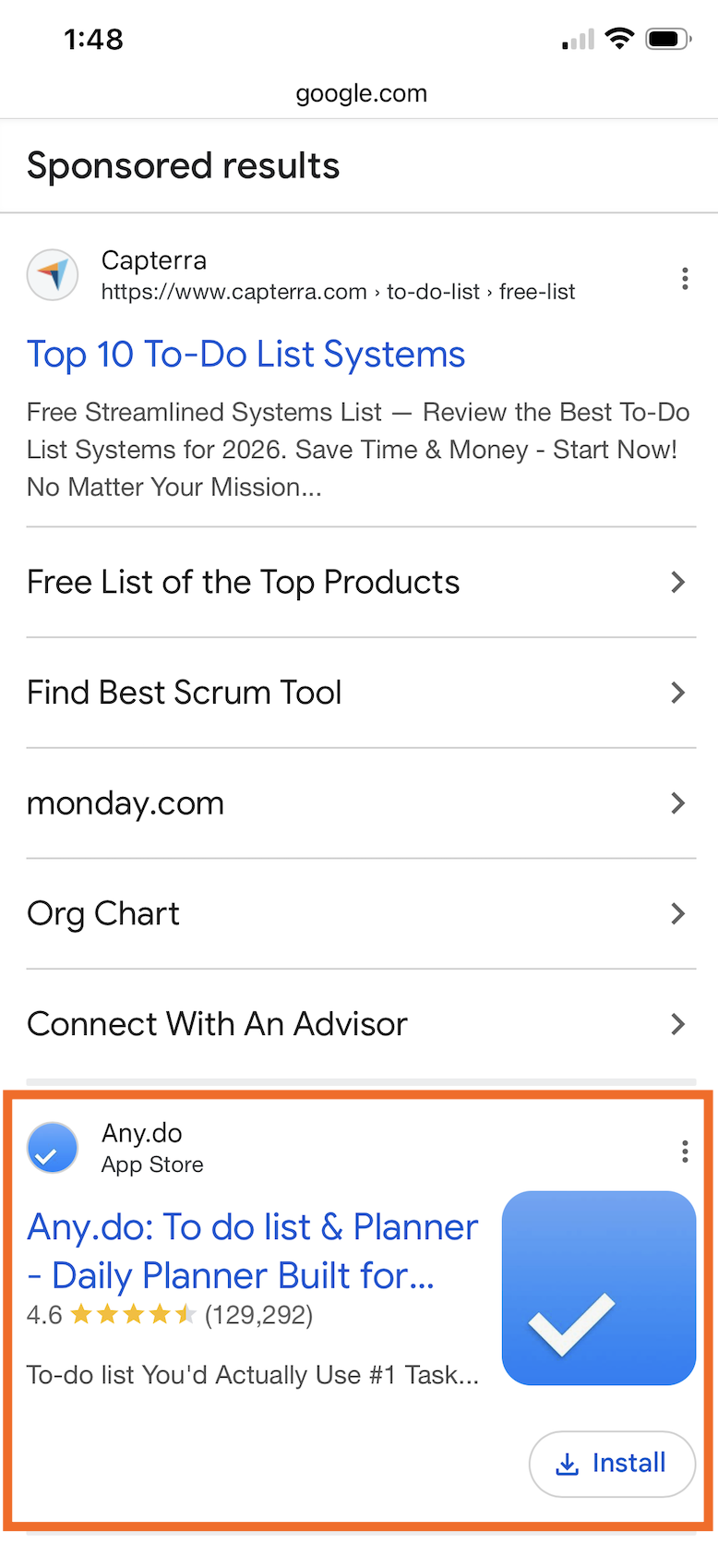 Google App ad for different to-do list apps highlighted in Google SERP.