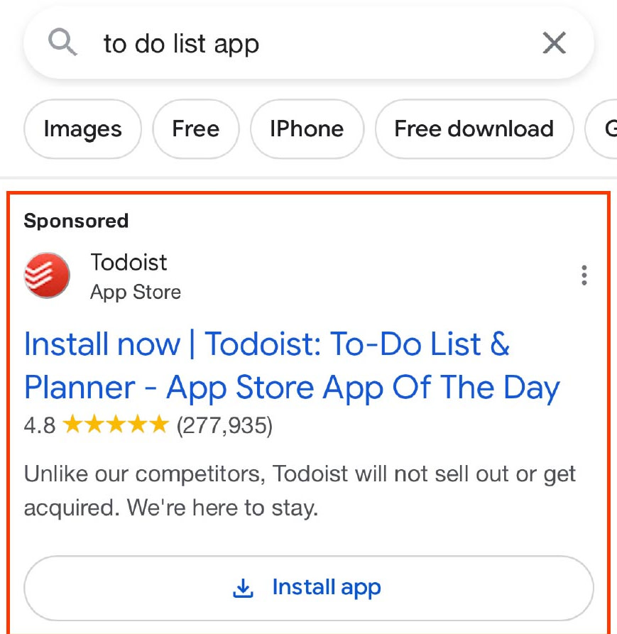 Screenshot of an App ad for the Todoist app highlighted in the Google SERP.