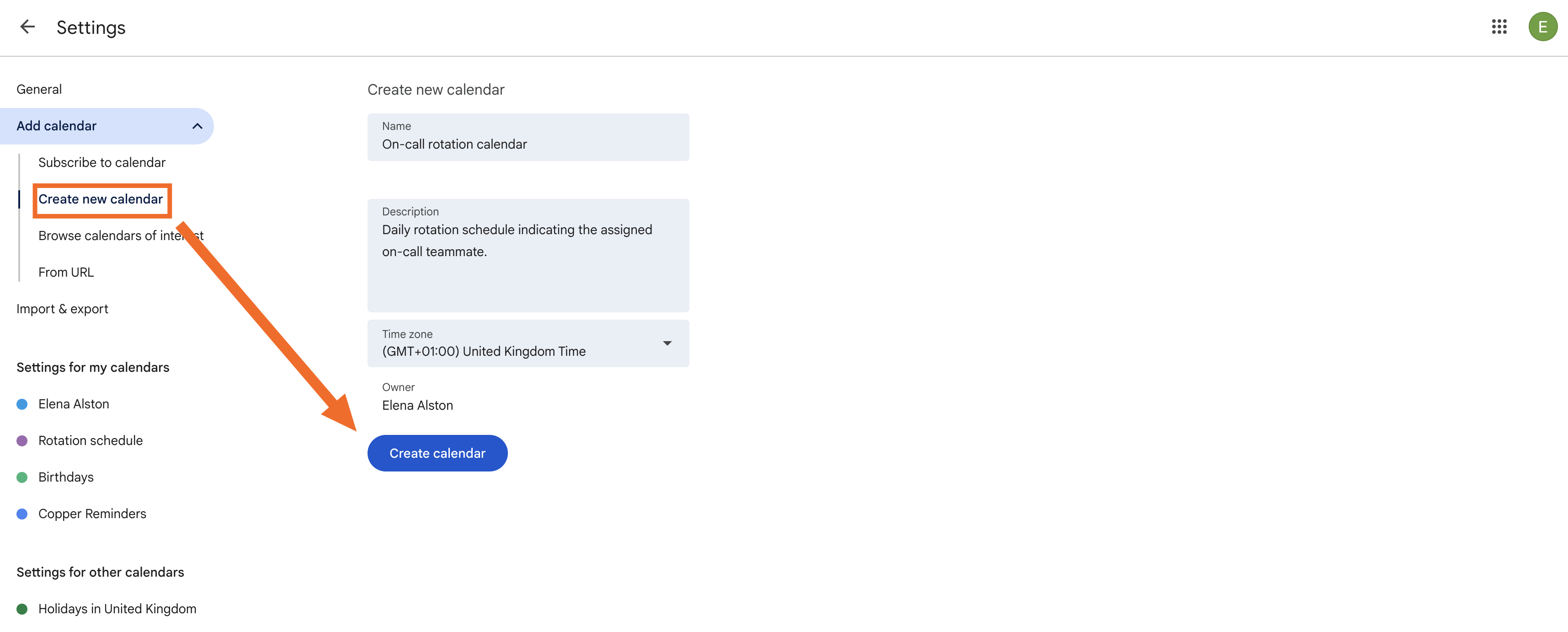Screenshot of create calendar button