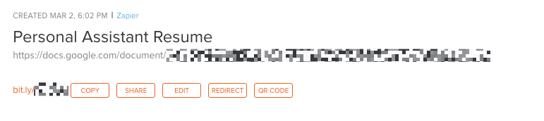 The shortened Google Doc link as it appears in Bitly. 