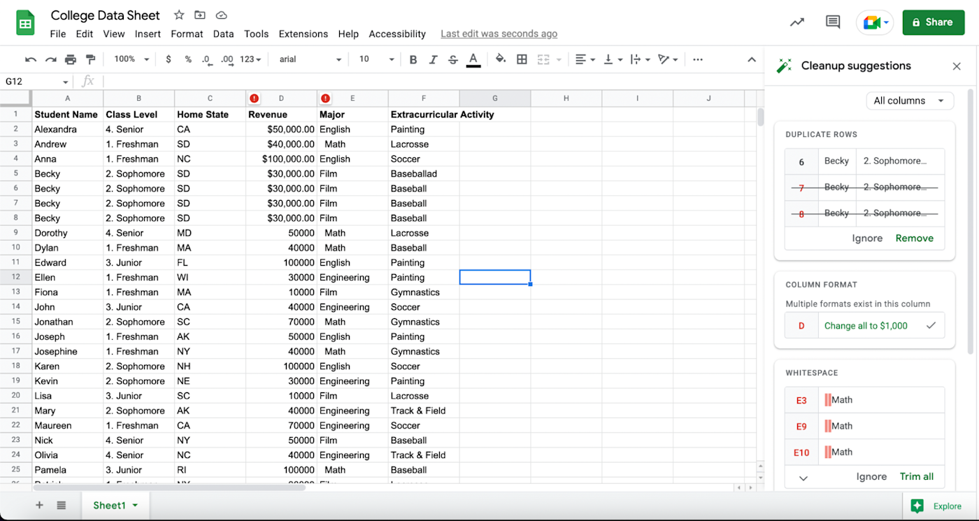 Cleanup suggestions example in Google Sheets