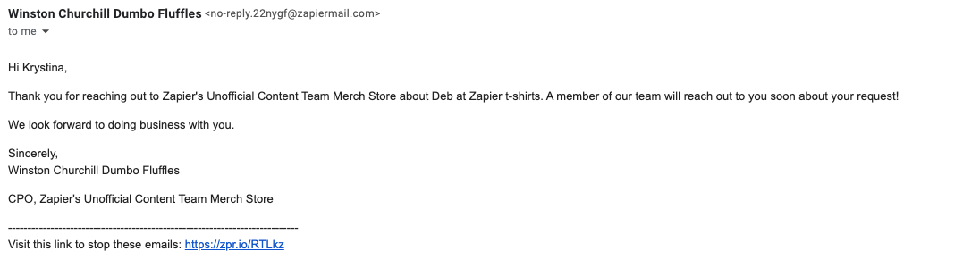An automated email sent from Email by Zapier, as it appears in Gmail. 