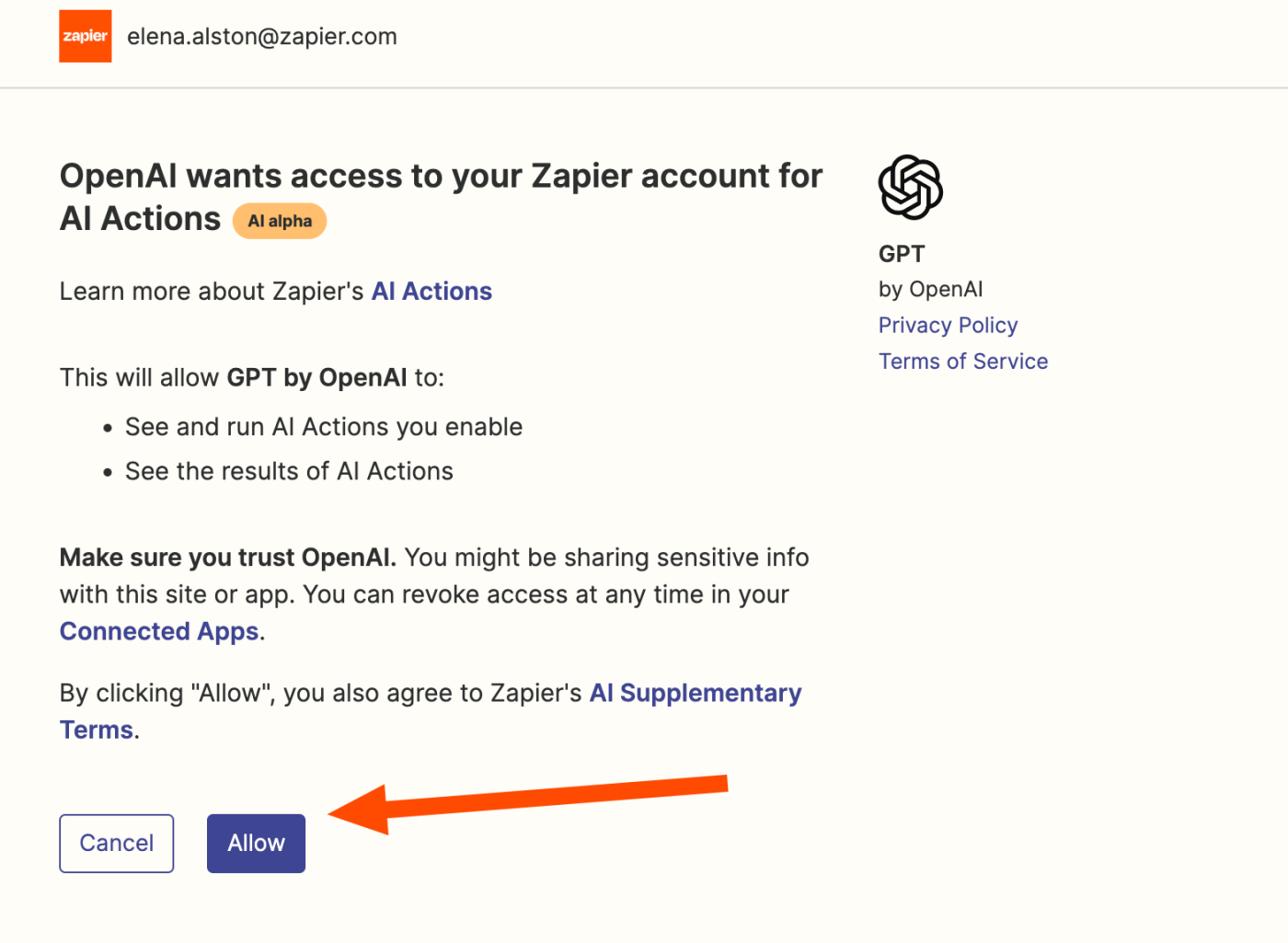 Screenshot of OpenAI/Zapier access window