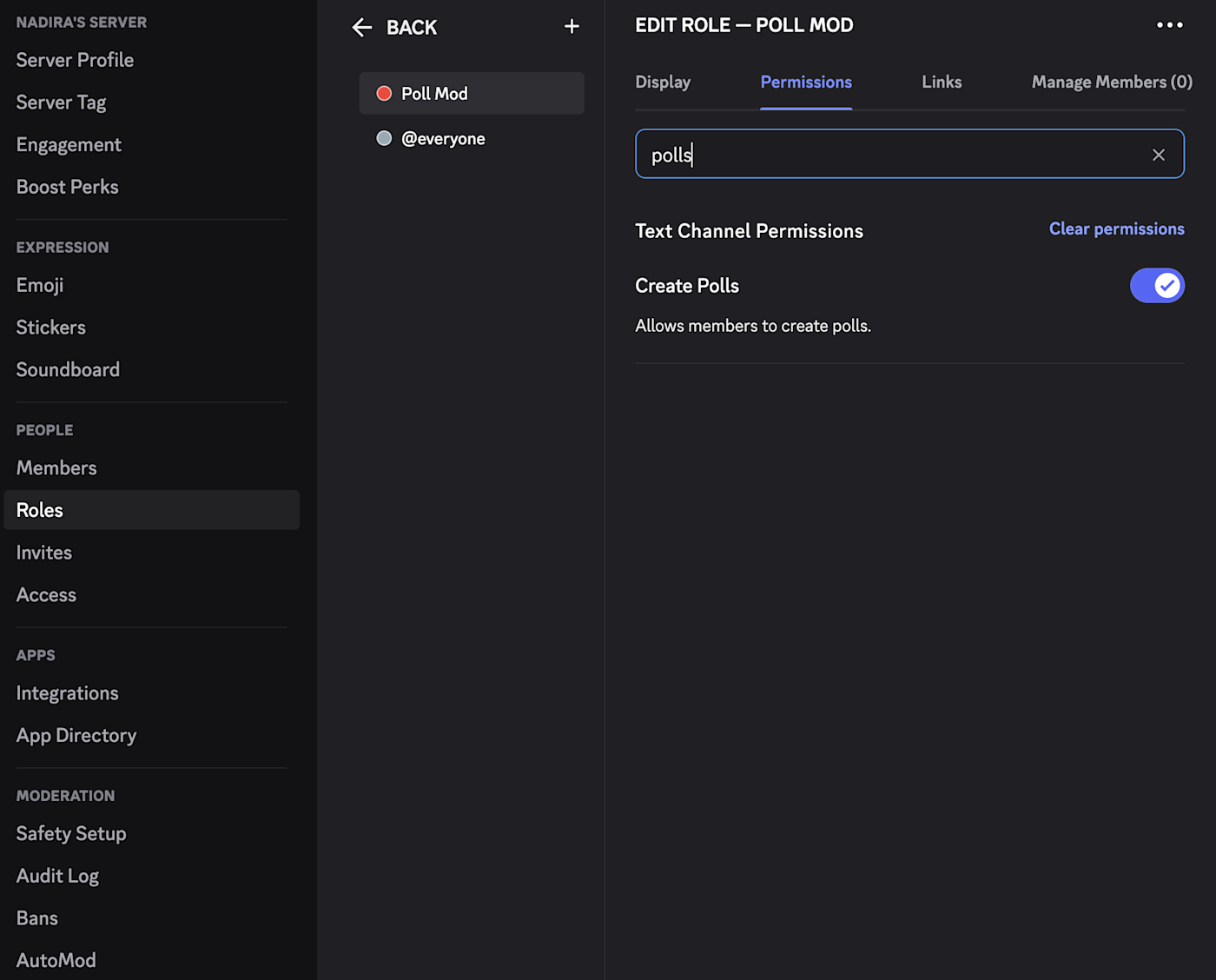 Toggling on the Create Polls option in Discord
