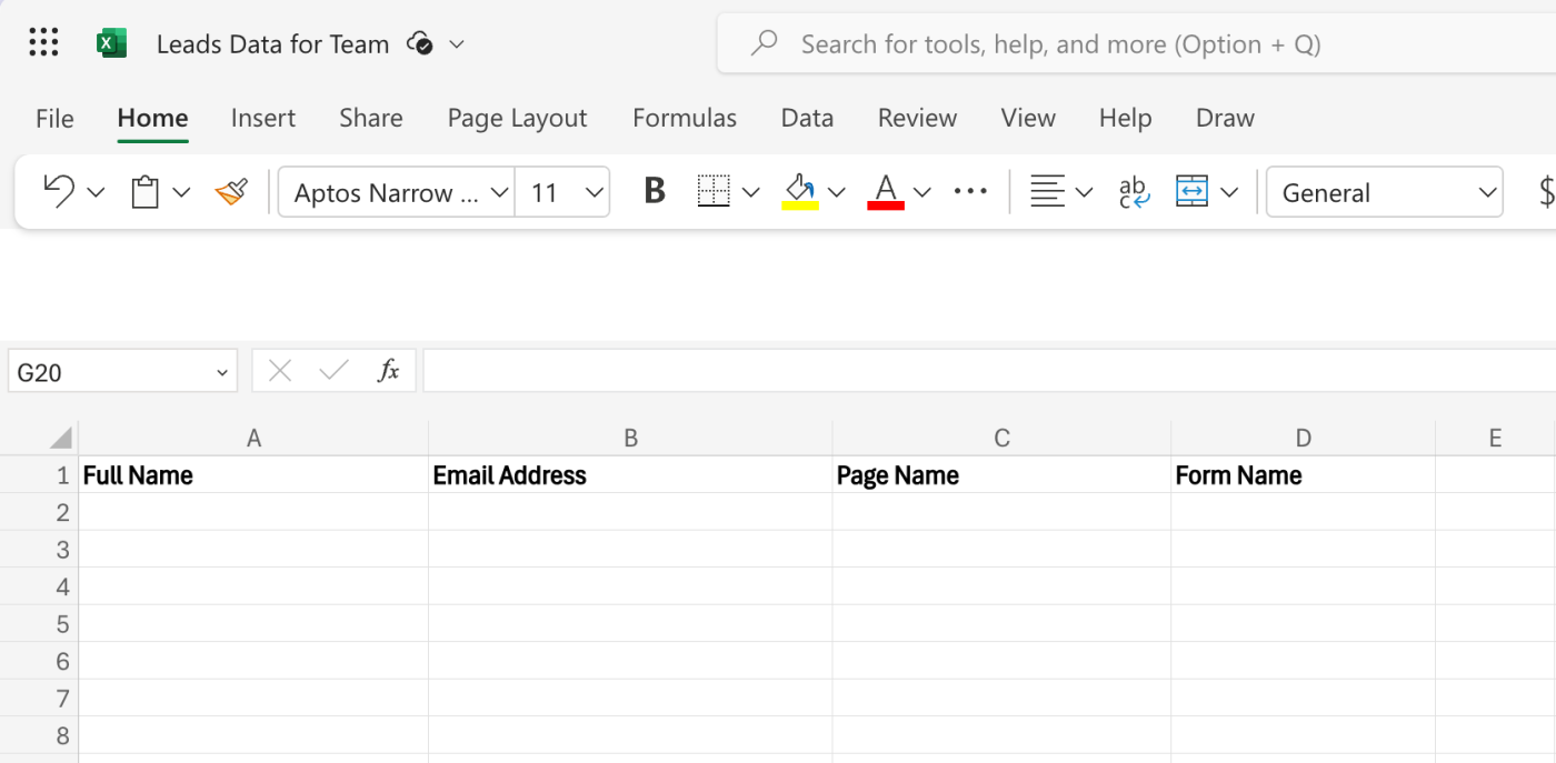 An Excel spreadsheet with columns for full name, email address, page name, and form name.
