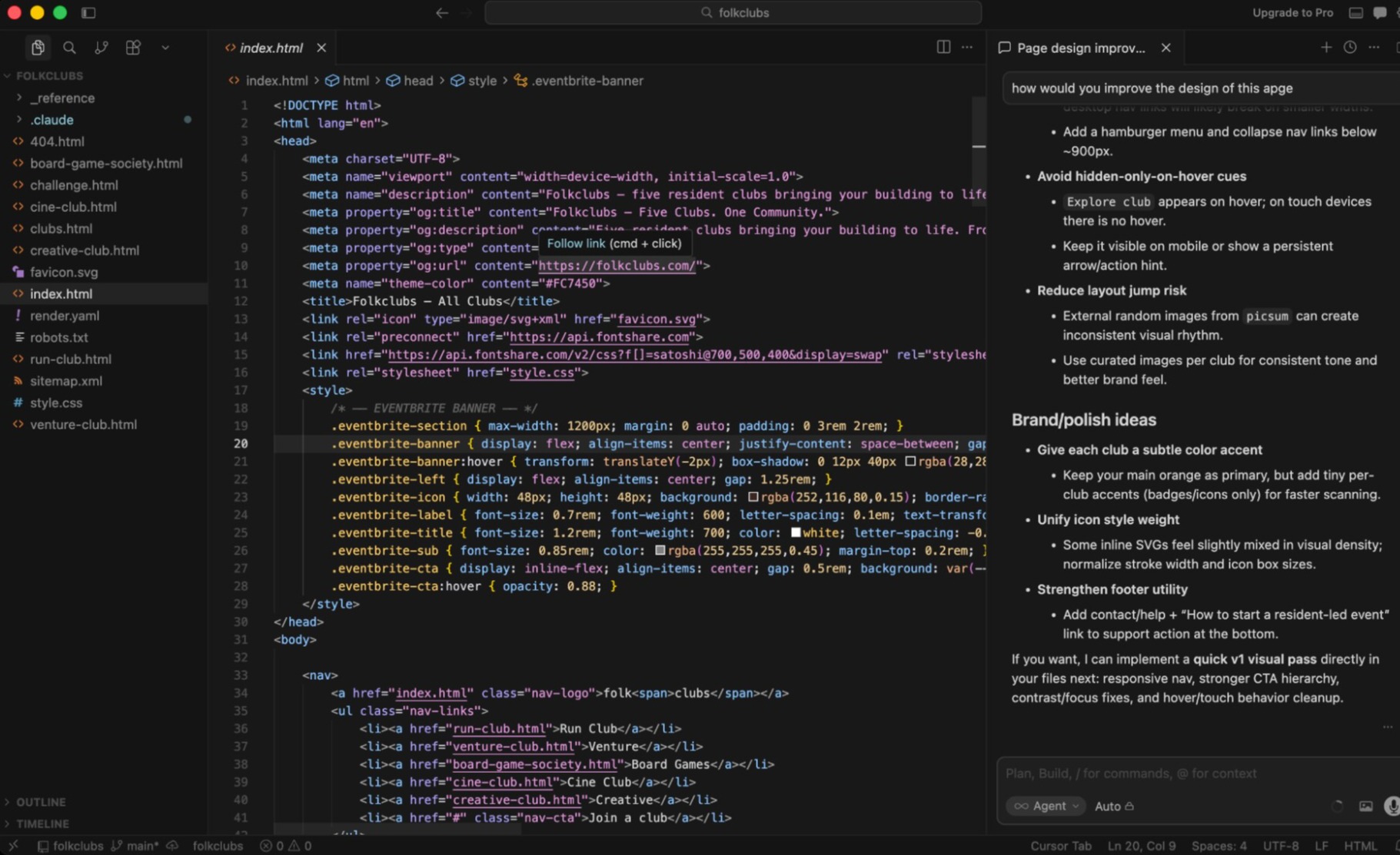 The Cursor IDE with the agent side-tab open