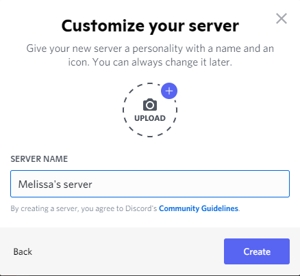 Una captura de pantalla que muestra dónde coloca su nombre y logotipo al crear el servidor