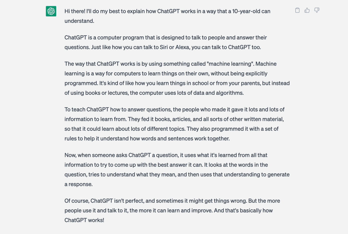 ChatGPT's response to the question explain how ChatGPT works to a 10-year-old kid.