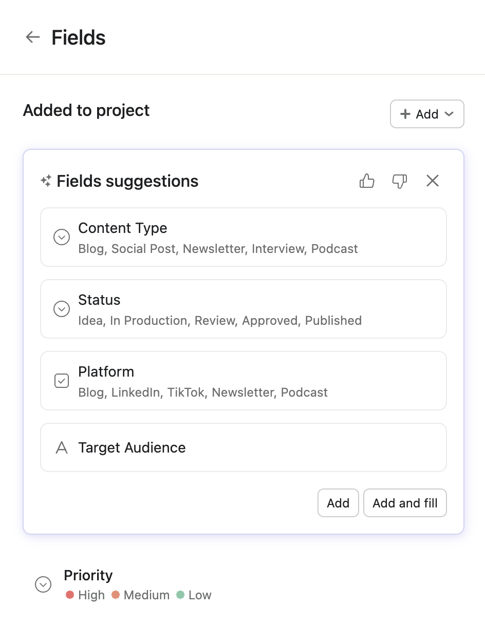 List of suggested fields generated by Asana AI.