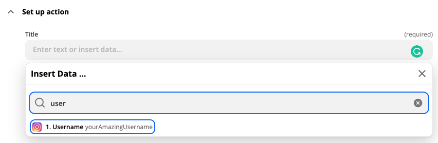 A screenshot of the Zapier editor showing how to select the Instagram "Username" information to be used as the Title for your YouTube video.