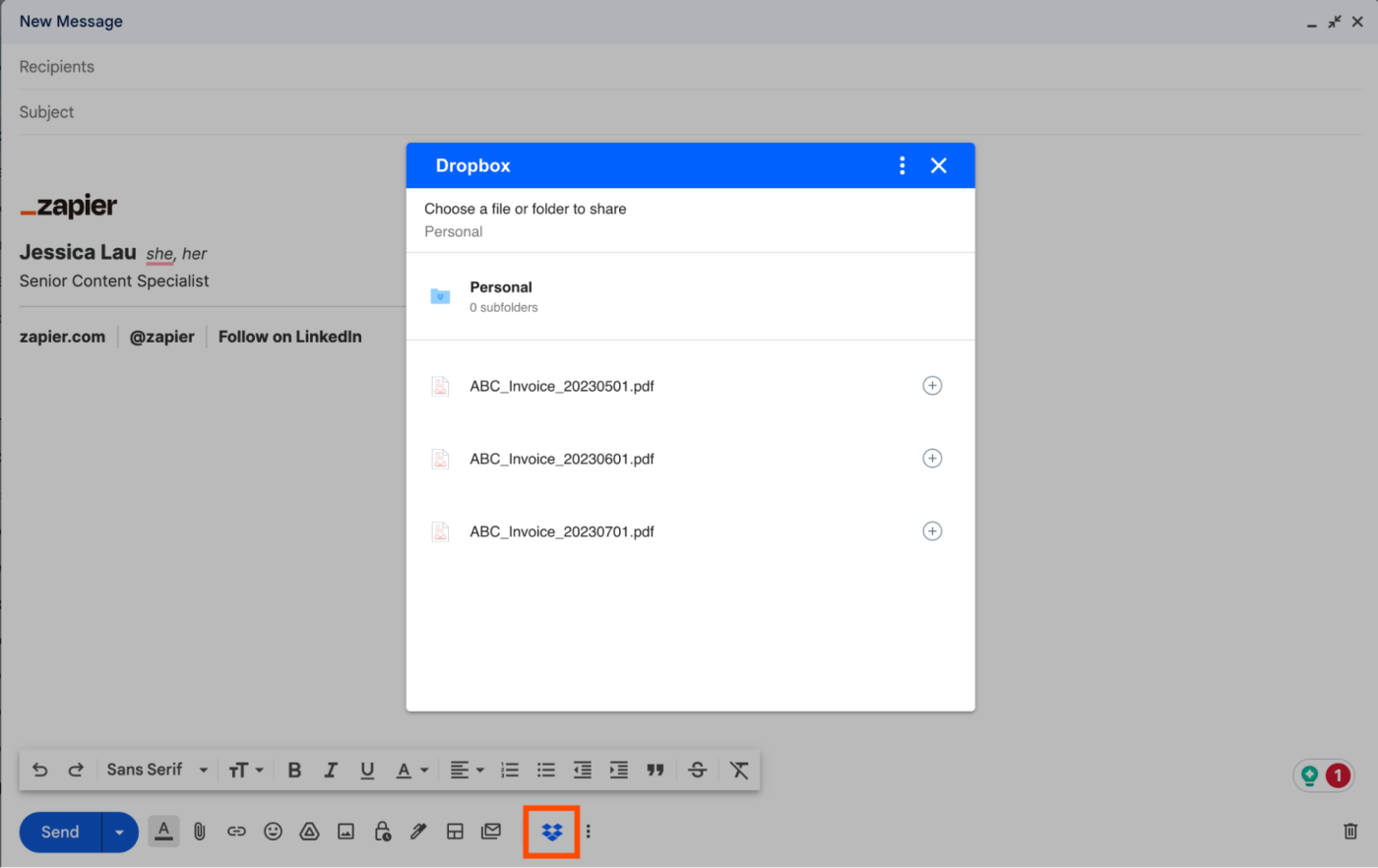 New message composition box in Gmail with a Dropbox pop-up window, which displays a list of files stored in Dropbox.