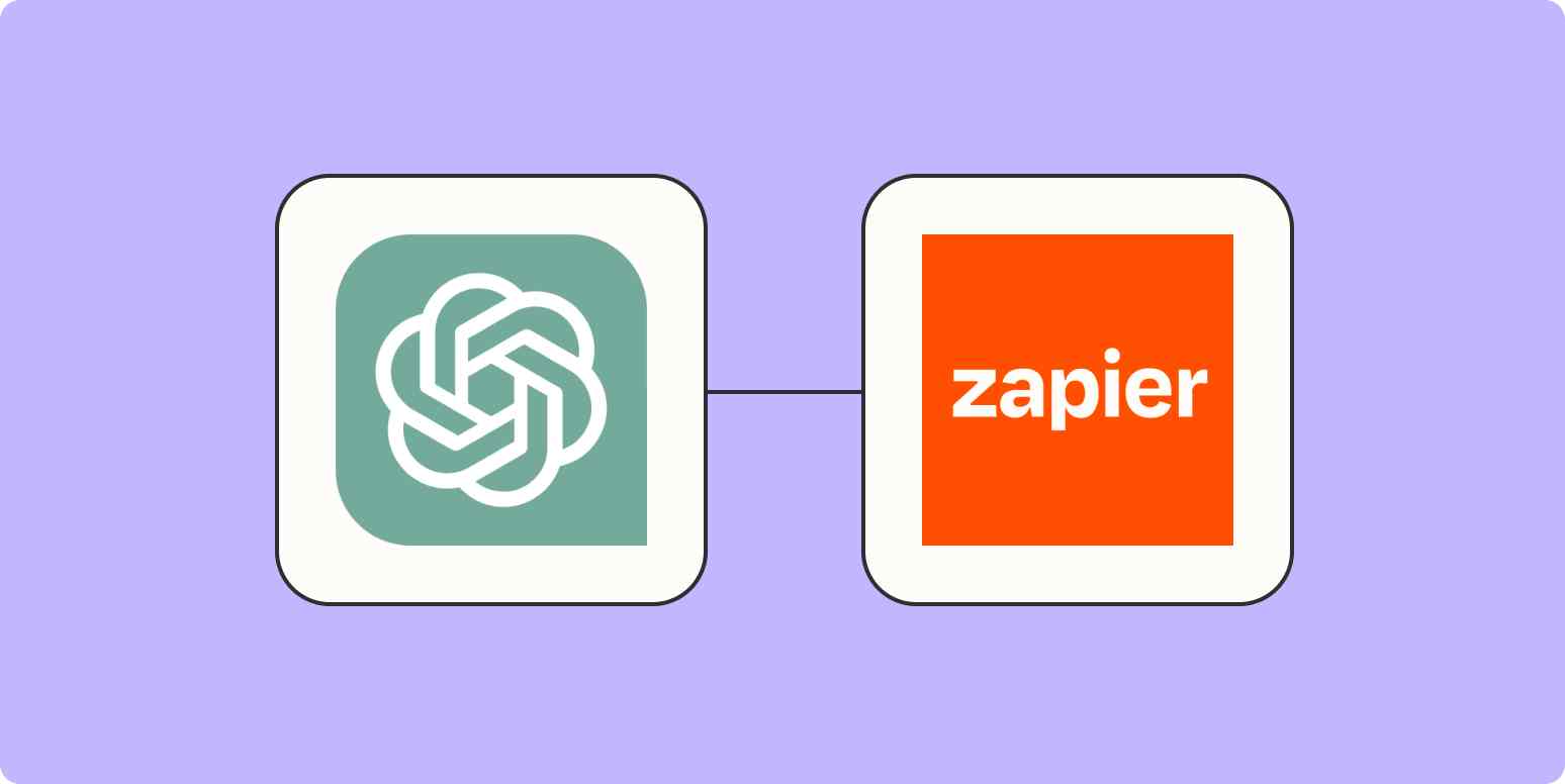 Captura de pantalla del logotipo de ChatGPT y el logotipo de Zapier sobre un fondo lila