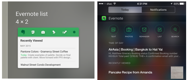 Evernote Android and iOS widgets
