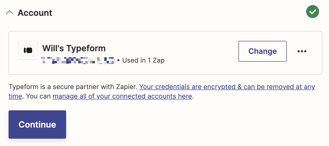 A screenshot of the setup for a Typeform trigger step in the Zapier editor.