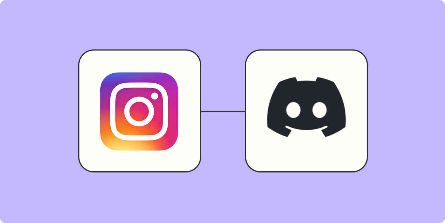 The Instagram app logo connected to the Discord app logo on a light purple background.