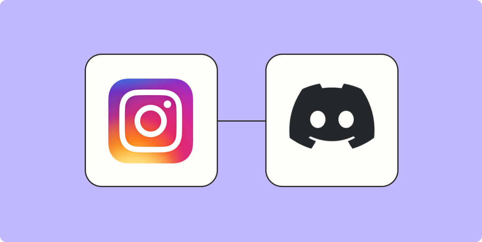 The Instagram app logo connected to the Discord app logo on a light purple background.