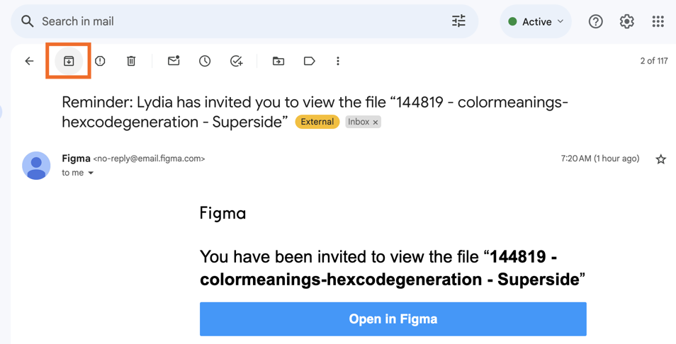 Screenshot of the user navigating to the Archive button in Gmail's tool bar