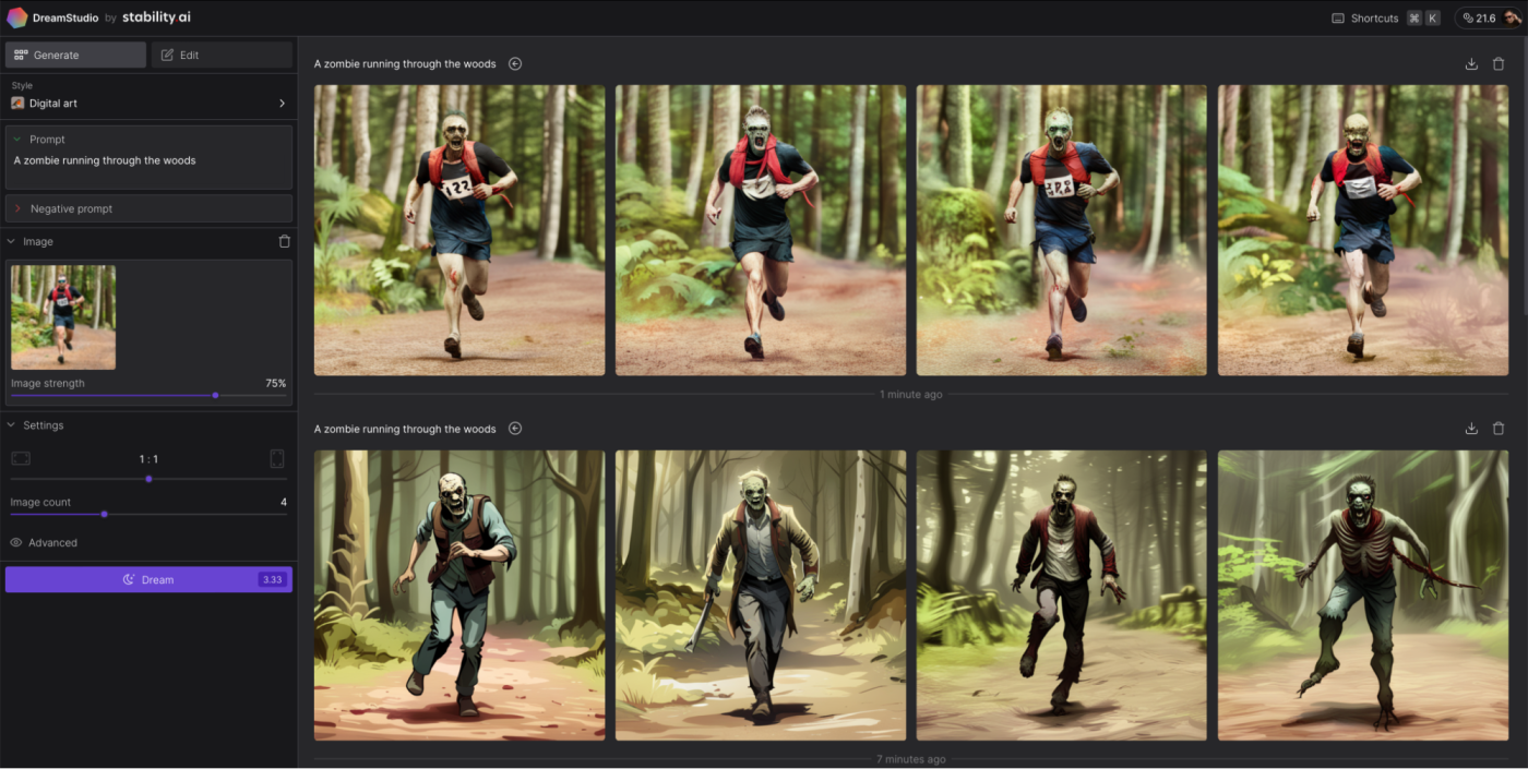 Images of a zombies running through the woods: the top row looks like the uploaded image quite a bit; the bottom row is much more stylized.