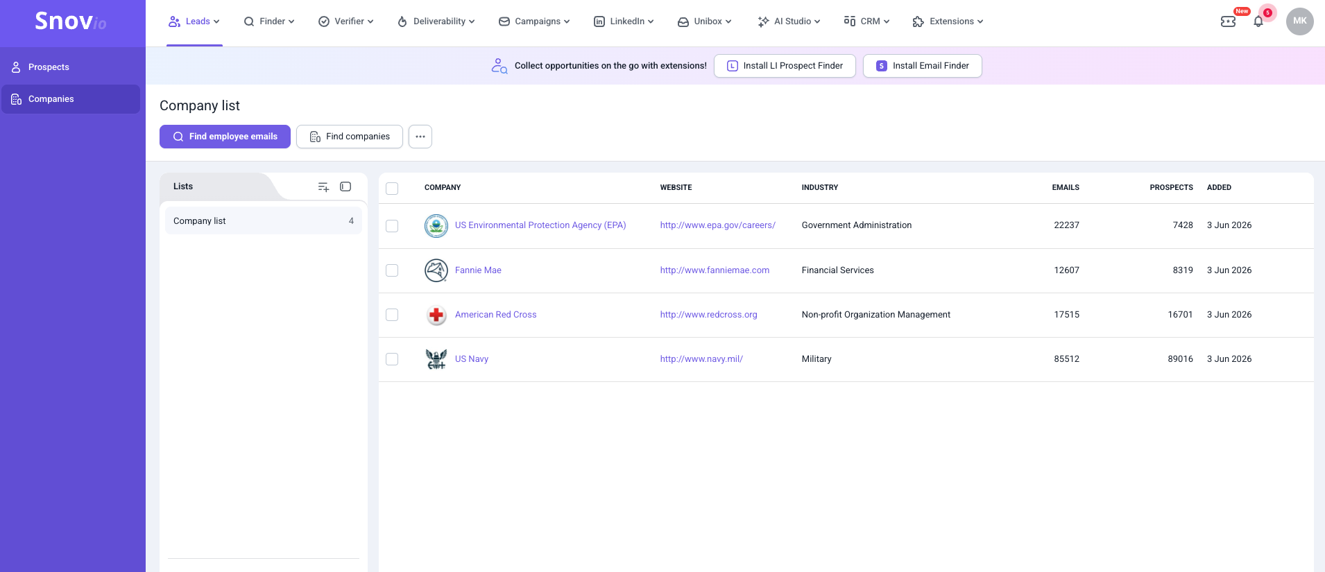 A screenshot of Snov.io, a data enrichment tool.
