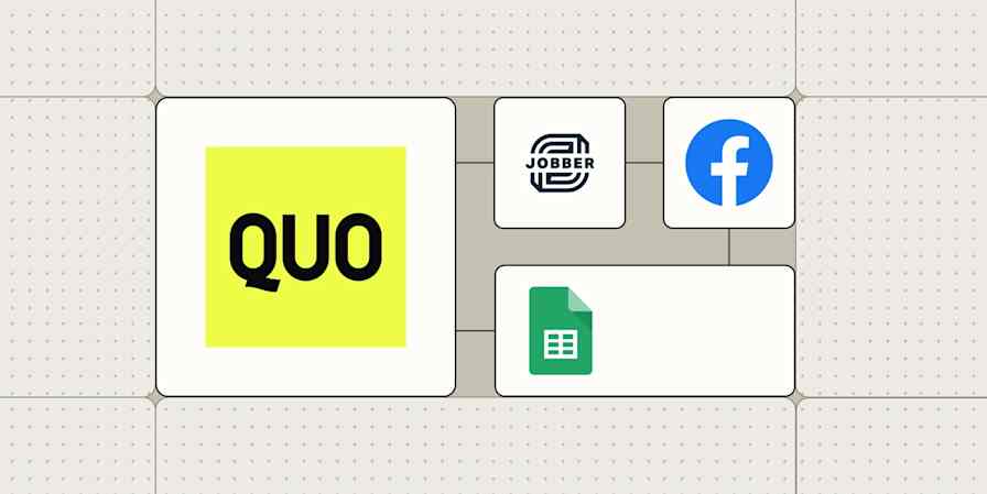 The Quo logo connected to logos for Jobber, Facebook Lead Ads, and Google Sheets
