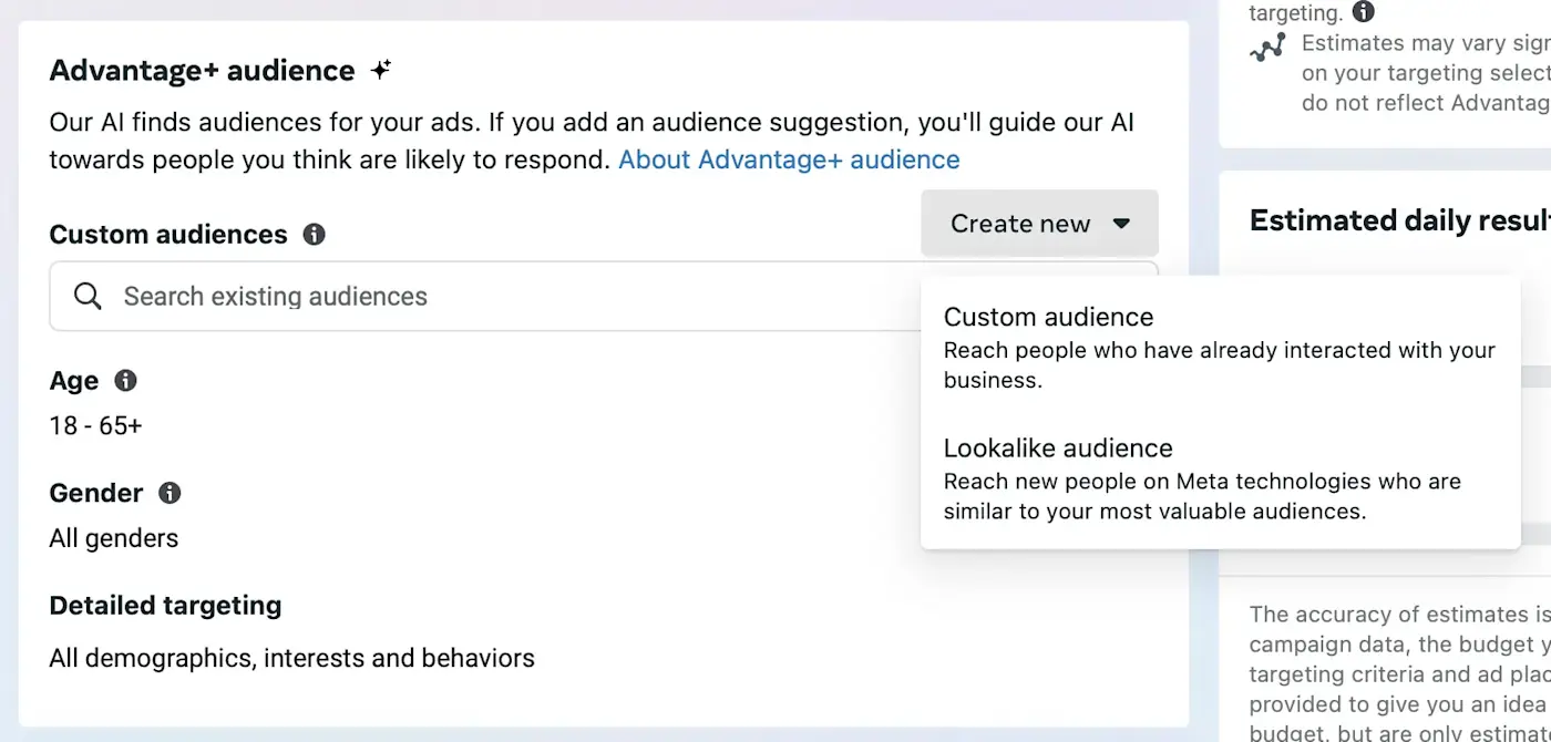 Audience view in Meta Ad Manager hovering over the button "Create new"