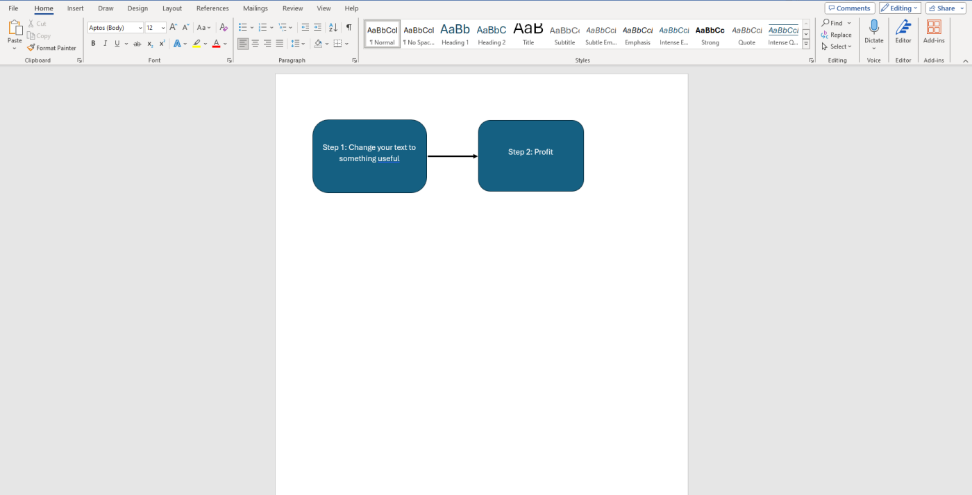 Screenshot displaying how to add text to a flowchart in Microsoft Word