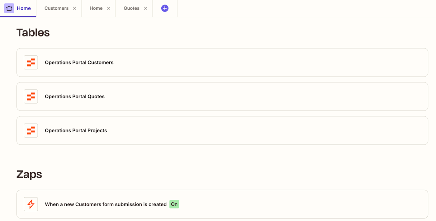 Screenshot of Tables and Zaps on the interface portal